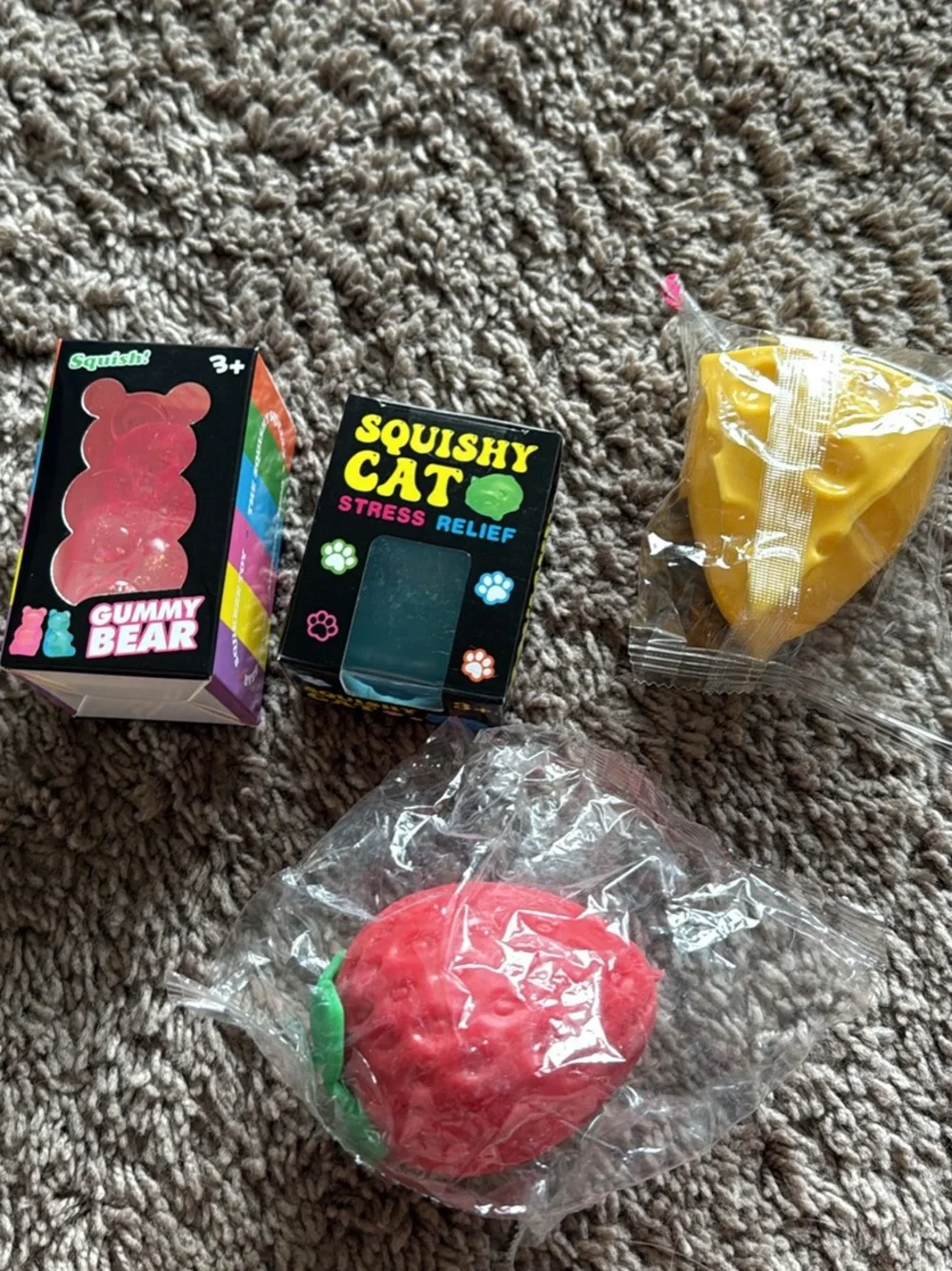 Squishy Cat & Gummy Bear Kids Stress Toys - Red, Yellow, Blue